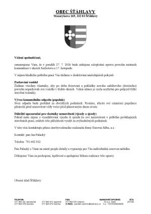 OZNÁMENÍ OBČANŮM ULECE SEIFERTOVA A 17. LISTOPADU 1